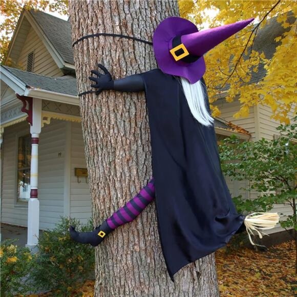 Halloween Decor Outsid57" Large Flying Witch Crashing into Tree Hanging Decor - Picture 1 of 7